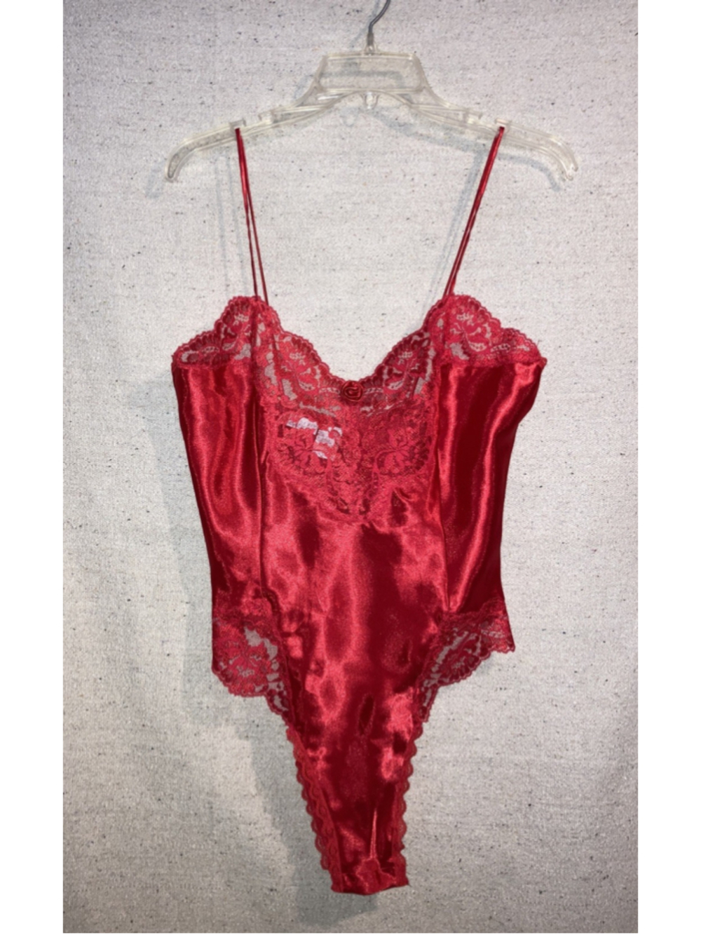 Vintage Cacique Red Satin Shiny Bodysuit Top Scallop Lace Trim Romper Coquette M